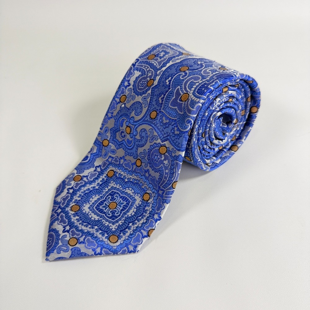 Paul Fredrick Men Silk Tie Medallion Paisley Blue Silver Gold Dots Necktie
